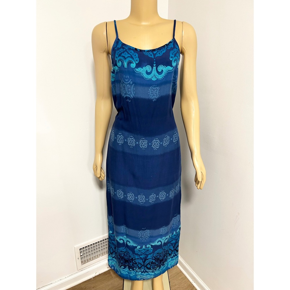 California Concepts Blue Ombre Paisley Boho Midi Dress Spaghetti Strap Tie Back